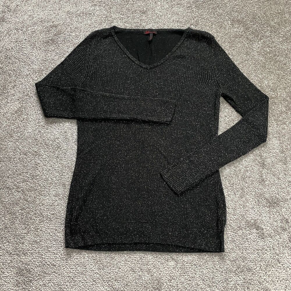 Sofia by Sofia Vergara Sweater Womens Large Black VNeck Pullover Sparkly Glitter